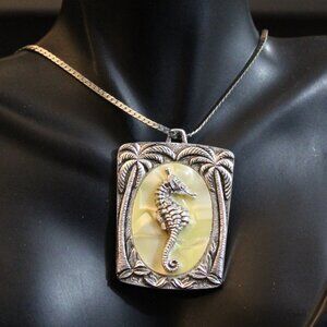 Vintage Seahorse Thermoset Silver Tone Palm Trees Pendant Necklace